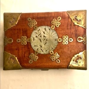 Classic Chinese Jewelry Box with Brass & Jade Details.